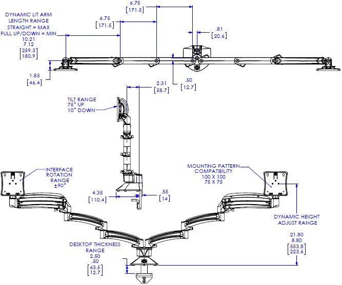 Technical Drawing for Chief K1D230 Dual Monitor Dynamic Desk Mount, Extended Reach