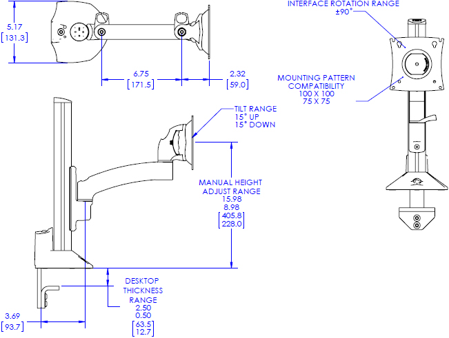 Technical Drawing for Chief Kontour K2C Articulating Column Mount, 1 Monitor - K2C110