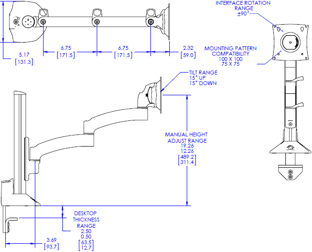 Technical Drawing for Chief Kontour K2C Articulating Column Mount, 1 Monitor - K2C120