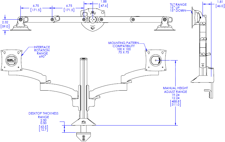 Technical Drawing for Chief Kontour K2C Articulating Column Mount, 2 Monitors - K2C220