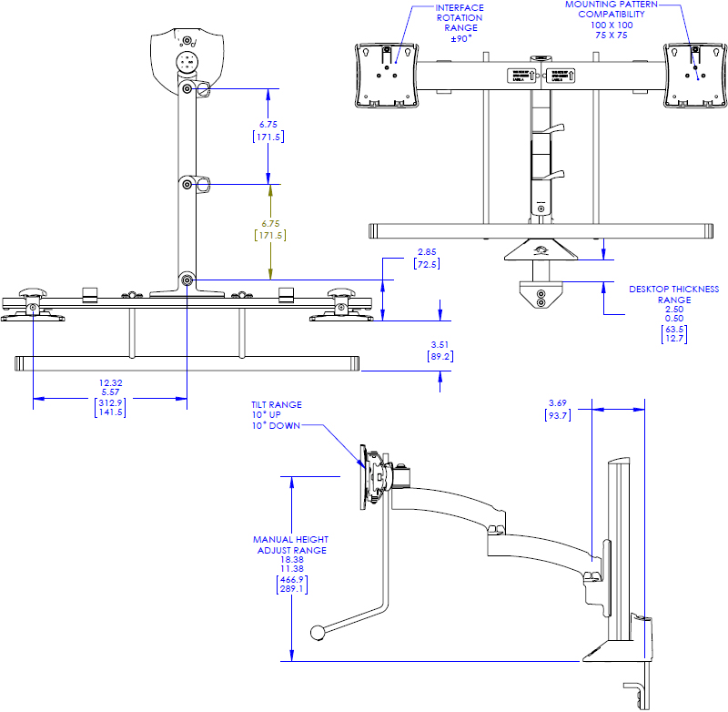 Technical Drawing for Chief Kontour Articulating Column Mount, Dual Monitor Array - K2C22H
