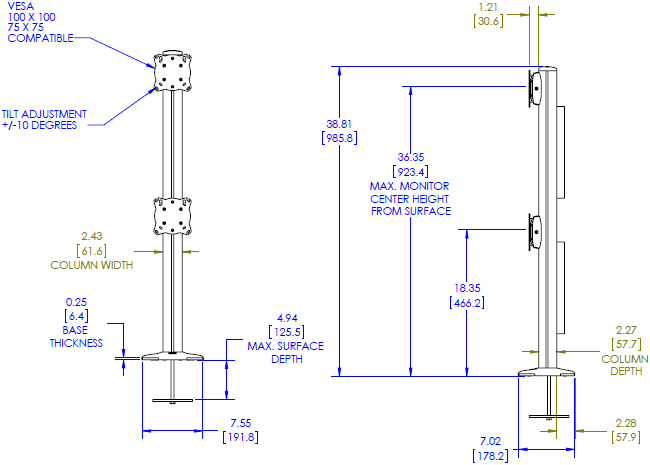 Technical Drawing for Chief KONTOUR K3 Grommet Mounted 1x2 Array K3G120B or K3G120S