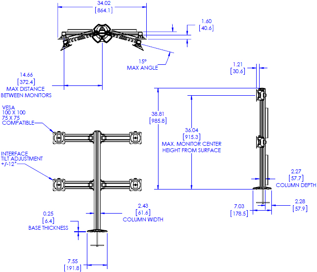 Technical Drawing for Chief K3G220B or K3G220S KONTOUR K3 Grommet Mounted 2x2 Array