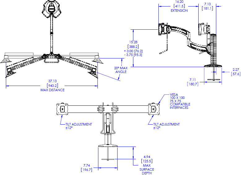 Technical Drawing for Chief K4G210B KONTOUR K4 Dual Monitor Grommet Mounted Array