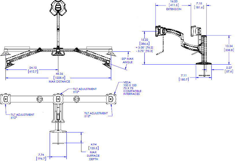 Technical Drawing for Chief KONTOUR K4 Depth-Adjustable Grommet Mounted Array K4G310B