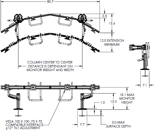 Technical Drawing for Chief K4G410B KONTOUR K4 Depth-Adjustable Grommet Mounted Array