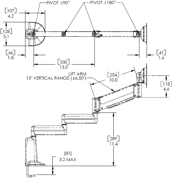Technical Drawing for KCB1100S or KCB110B Desk Mount Flat Panel Triple LCD Arm