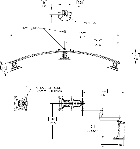 Technical Drawing for Chief Dual Arm Desk Mount, Triple Monitor KCD320B or KCD320S
