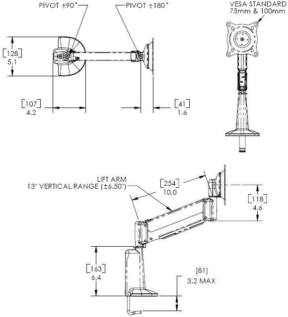 Technical Drawing of Chief KCV1100S or KCV110B Desk Mount Height Adjustable Single LCD Arm