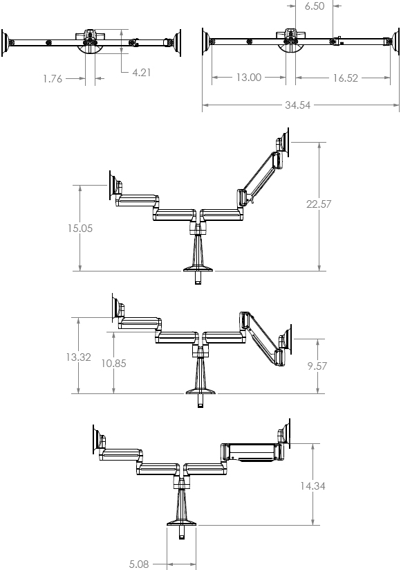 Technical Drawing for Chief KCY210 Desk Mount Dual Monitor Height Adjustable Arm