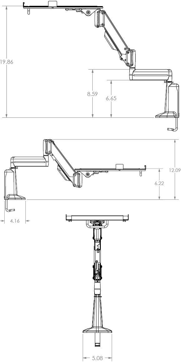 Technical Drawings for Chief KGL110 Desk Mount Height Adjustable Laptop Arm