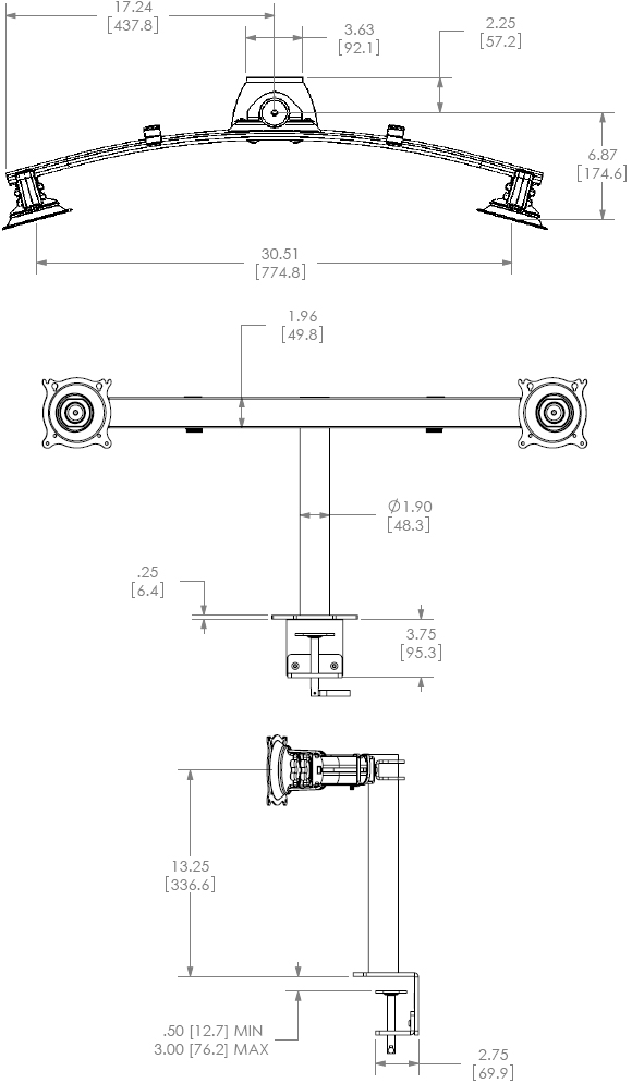 Technical Drawing for Chief Widescreen Dual Horizontal Desk Clamp Mount KTC225B or KTC225S