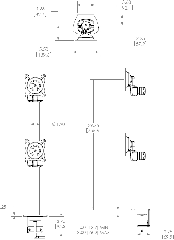 Technical Drawing for Chief Dual Vertical Desk Clamp Mount KTC230B or KTC230S