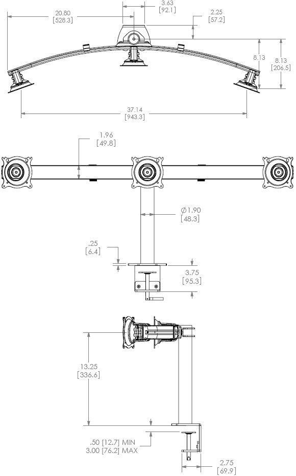Technical Drawing for Chief Triple Horizontal Desk Clamp Mount - KTC320B or KTC320S