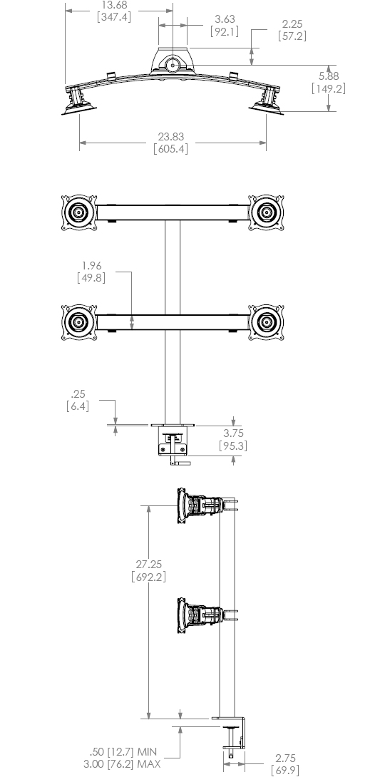 Technical Drawing for Chief Quad Monitor Desk Clamp Mount - KTC440B or KTC440S