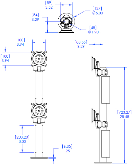 Technical Drawing for Chief Dual Vertical Grommet Mount KTG230B or KTG230S