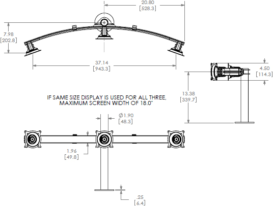 Technical Drawing for Chief Triple Horizontal Grommet Mount KTG320B or KTG320S