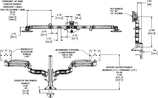 Technical Drawing for Chief Kontour Height-Adjustable Column Dual Arm Desk Mount - KXC220