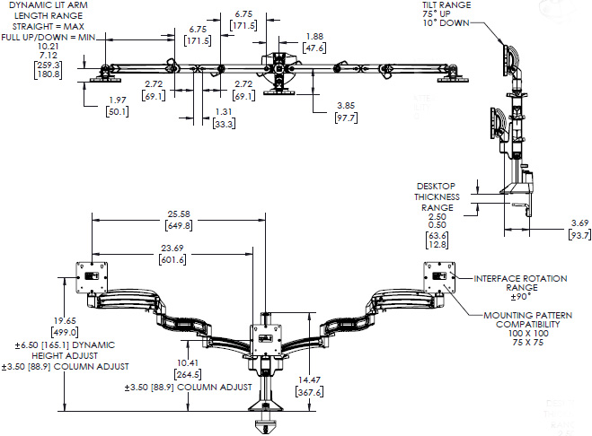 Technical Drawing for Chief Kontour Height-Adjustable Triple Monitor Desk Mount - KXC330