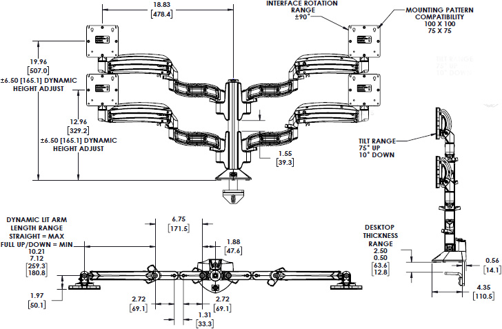 Technical Drawing for Chief Kontour Height-Adjustable Quad Arm Column Desk Mount - KXC420