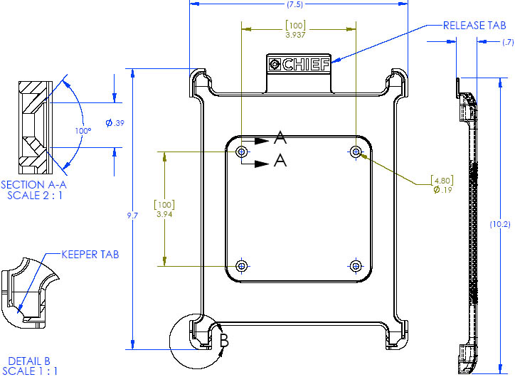 Technical Drawing of Chief FSBI2B iPad2 Interface Bracket