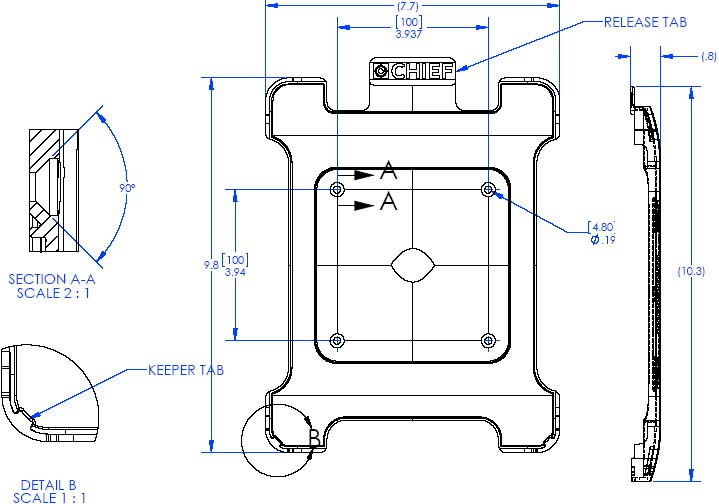 Technical Drawing of Chief FSBIB iPad Interface Bracket for Small Flat Panel Mounts up to 26"