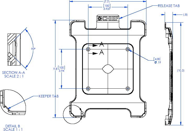 Technical Drawing of Chief FSBIB iPad Interface Bracket for Small Flat Panel Mounts up to 26"
