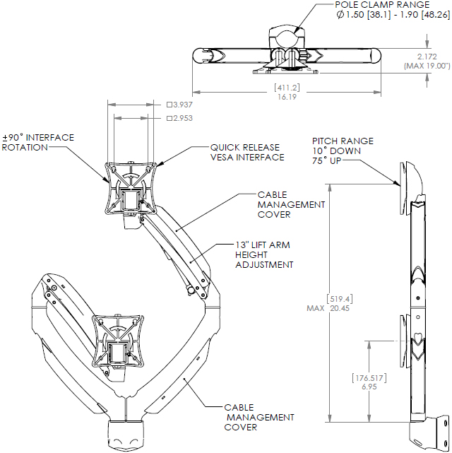 Technical Drawing of Chief K1P200 Series KONTOUR Dynamic Dual Monitor Arm Pole Mount