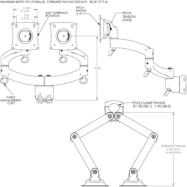 Technical Drawing of Chief K2P200 Series Kontour Dual Arm Pole Mount