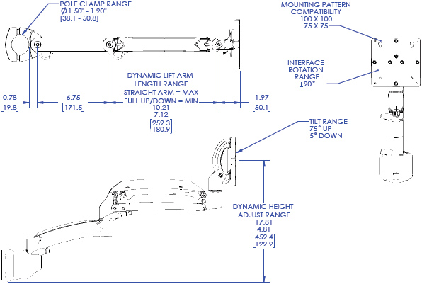 Technical Drawing for Chief K1P120BXRH or K1P120SXRH Kontour Dynamic Pole Mount, 1 Monitor