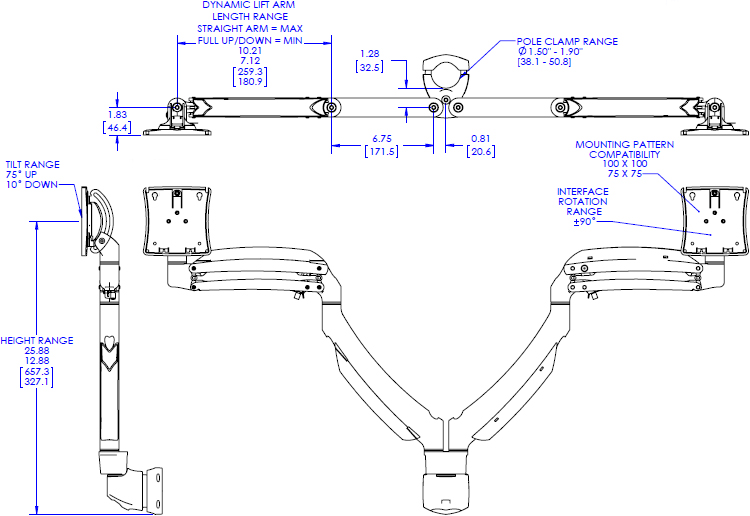 Technical Drawing for Chief K1P220B or K1P220S Kontour Dynamic Pole Mount, 2 Monitors