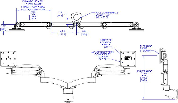 Technical Drawing for Chief K1P220BXRH or K1P220SXRH Kontour Dynamic Pole Mount, 2 Monitors