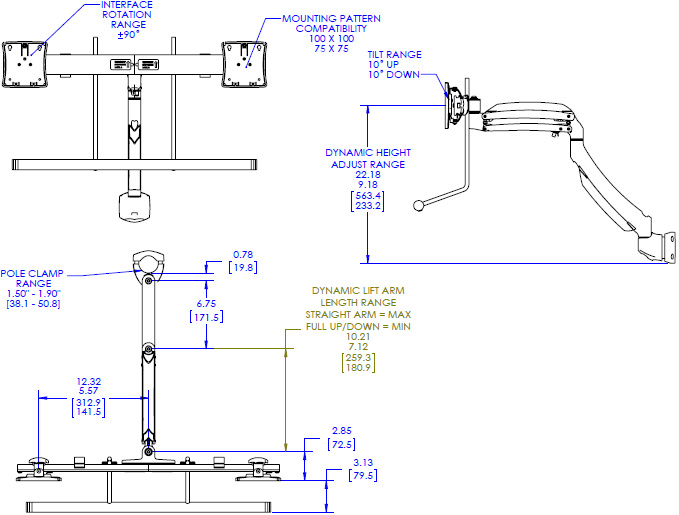 Technical Drawing for Chief Kontour Dynamic Pole Mount, Dual Monitor Array K1P22HB or K1P22HS