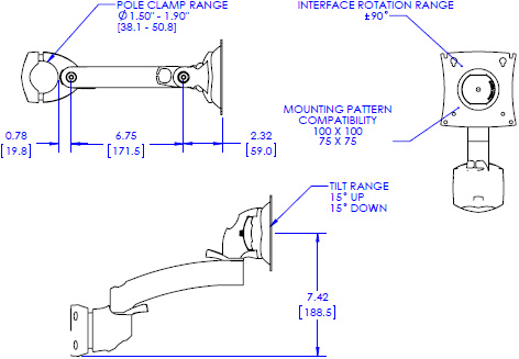 Technical Drawing for Chief Kontour Articulating Pole Mount, Single Monitor - K2P110B or K2P110S