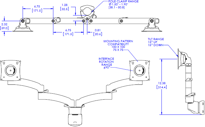 Technical Drawing for Chief Kontour K2P Pole Mount Articulating Arm, 2 Monitors - K2P220