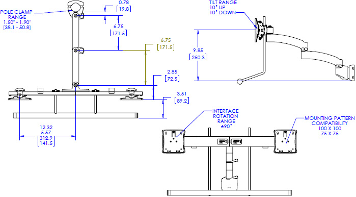 Technical Drawing for Chief K2P22HB or K2P22HS Kontour Dynamic Pole Mount, Dual Monitor Array