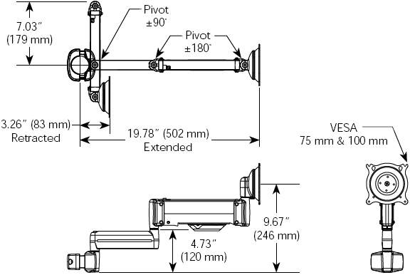 Technical Drawings for Chief KPG110B or KPG110S Pole Mount Flat Panel Height Adjustable Dual Swing LCD Arm