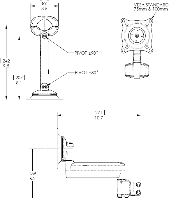 Technical Drawing of Chief KPS110S or KPS110B Pole Mount Flat Panel Single Monitor Swing LCD Arm