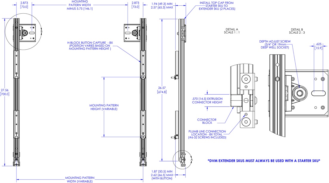 Technical Drawing for Chief ODMB2X1 Velocity Outdoor Dual Pedestal System