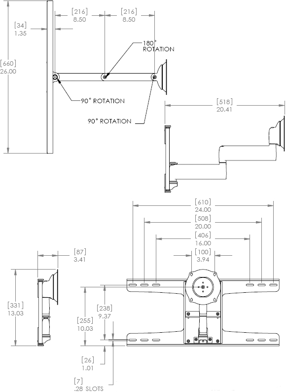 Technical Drawing for Chief JWDSK210 Steel Stud Dual Swing Arm Wall Mount