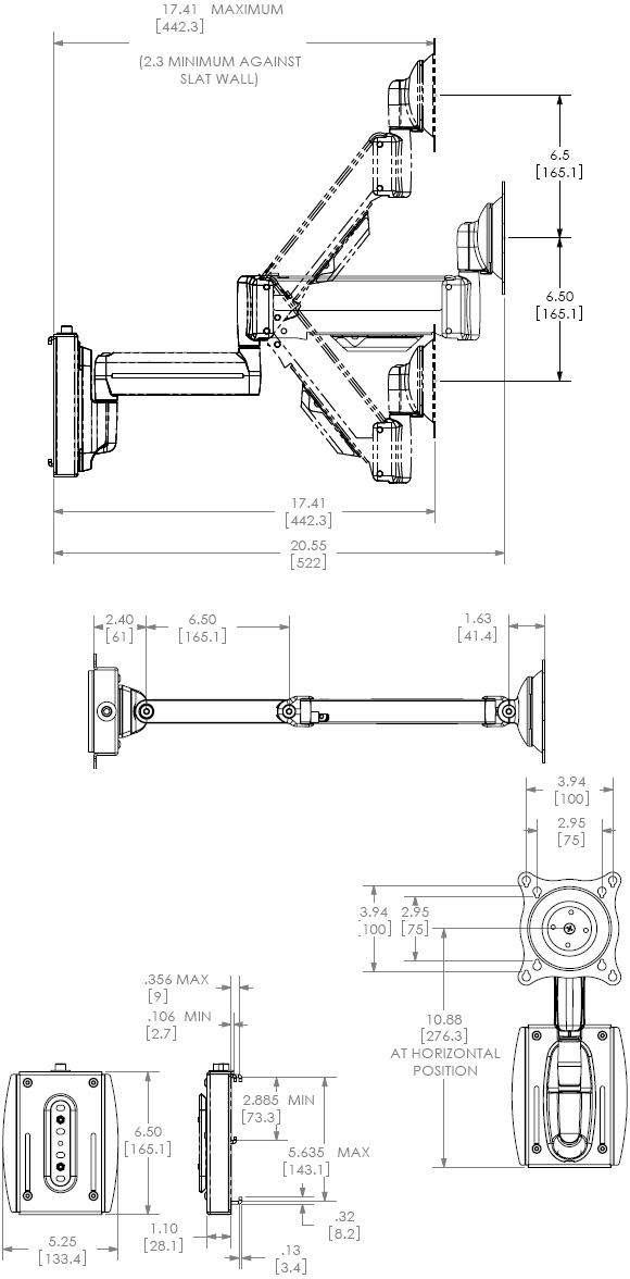 Technical Drawing for Chief KSG110B or KSG110S Slat Wall Mount Universal Swing LCD Arm