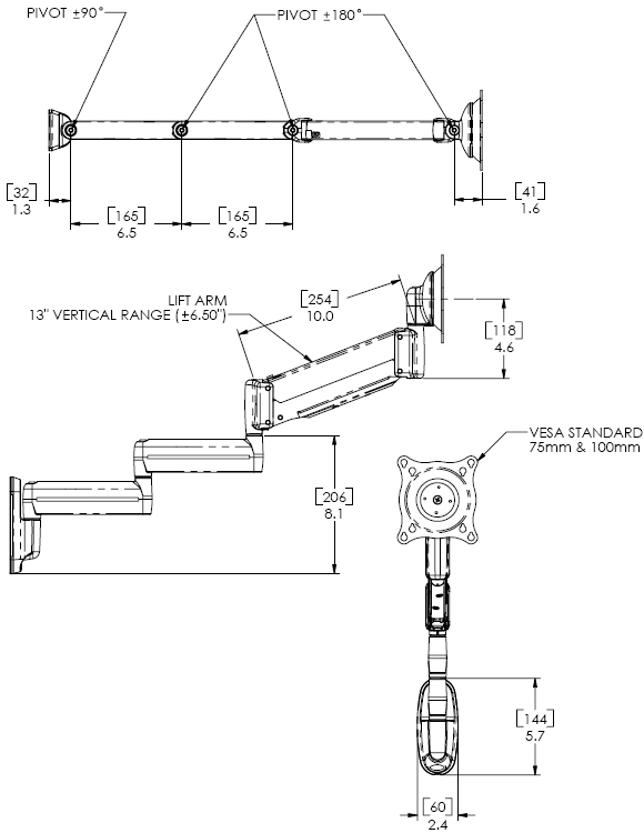 Technical Drawing for Chief KWB110 Wall Mount Height Adjustable Flat Panel Single Monitor Triple LCD Arm