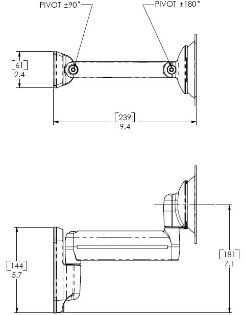 Technical Drawing of Chief KWS110S or KWS110B Wall Mount Single Monitor Swing LCD Arm