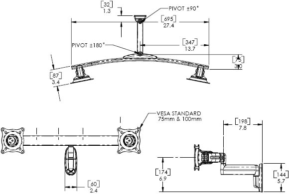 Technical Drawing for Chief KWS220 Wall Mount Dual Monitor Swing LCD Arm
