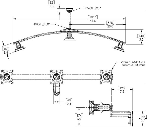 Technical Drawing for Chief Single Arm Wall Mount, Triple Monitor KWS320B or KWS320S
