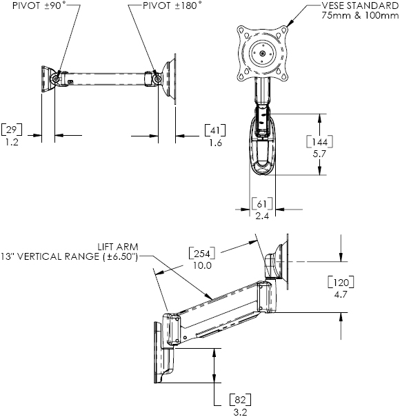 Technical Drawing for Chief KWV110S or KWV110B Wall Mount Height Adjustable Swing LCD Arm