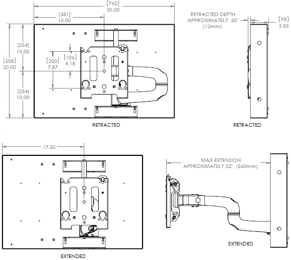 Technical Drawing for Chief MWRIWUB Universal In-Wall Swing Arm Wall Mount