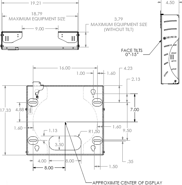 Technical Drawing for Chief PWCU Flat Panel Tilt Wall Mount with CPU Storage