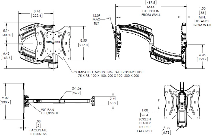 Technical Drawing for Chief TS118SU Small Thinstall Dual Swing Arm Wall Display Mount - 18