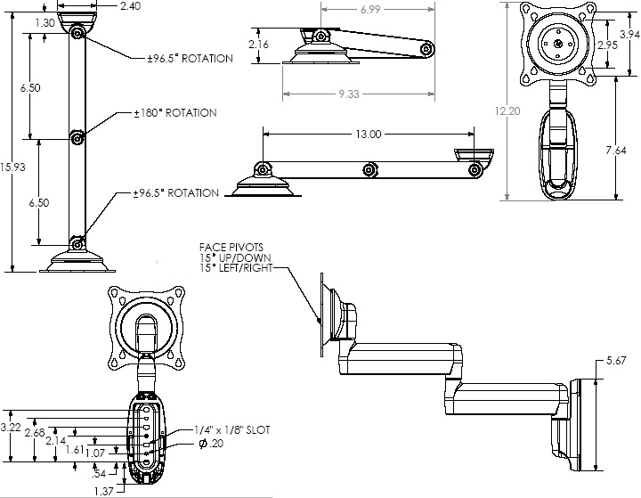 Technical Drawing of Chief FWD-110 Small Dual Swing Arm Wall Mount